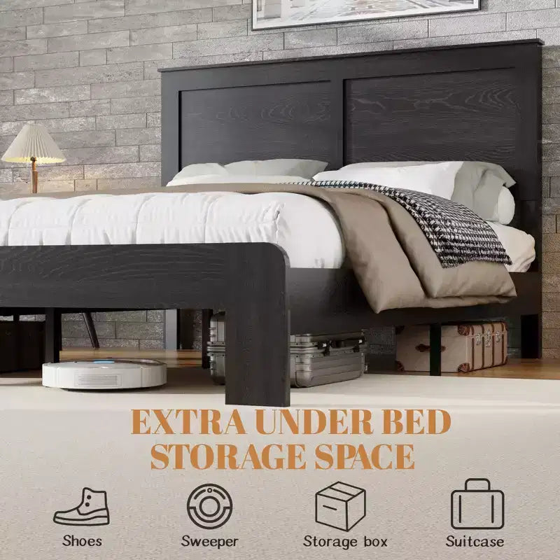 Cadre de lit en bois, taille double/grand lit/très grand lit, silencieux, pas besoin de sommier tapissier, outils de montage faciles, grand rangement sous le lit, noir foncé