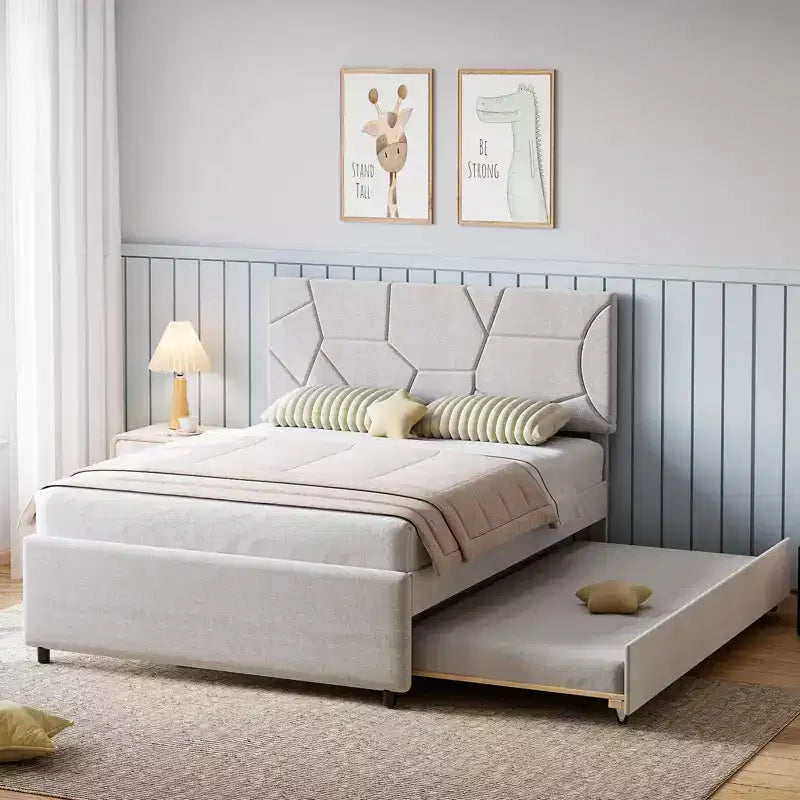 Lit gigogne jumeau, cadre de lit plateforme rembourré taille Queen, lit coulissant avec tête de lit, support à lattes en bois, pour chambre à coucher, salon, chambre d'amis