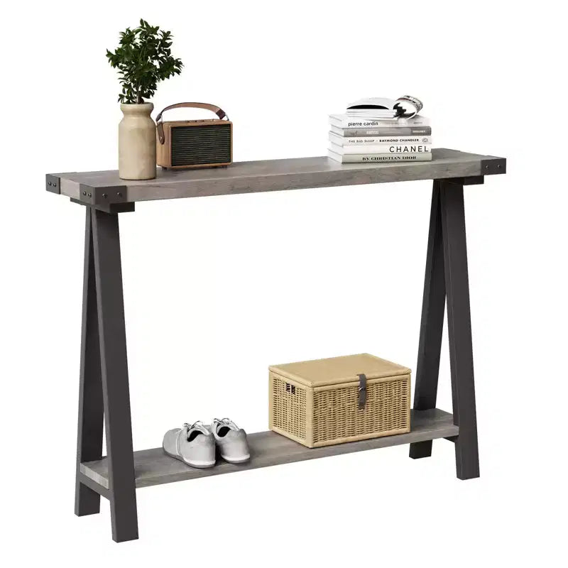 Console - Table d'entrée - Console étroite de 110 cm de style ferme avec rangement, table de canapé à 2 niveaux avec cadre en métal et MDF