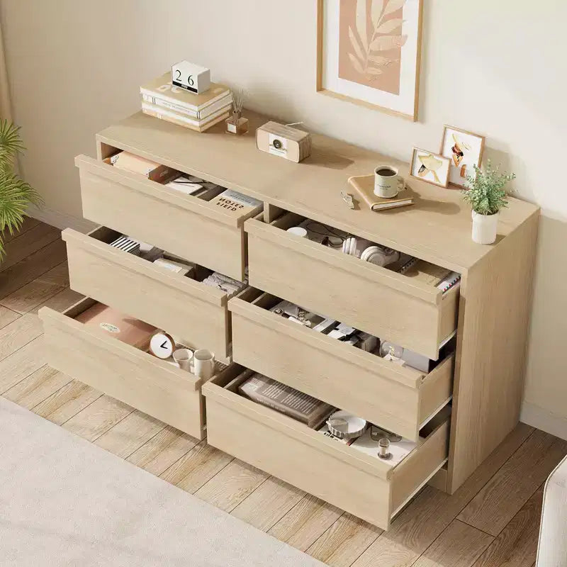 Commode 6 tiroirs en chêne naturel de 119 cm de large, grand buffet en bois avec grande capacité de rangement, pour salon, entrée
