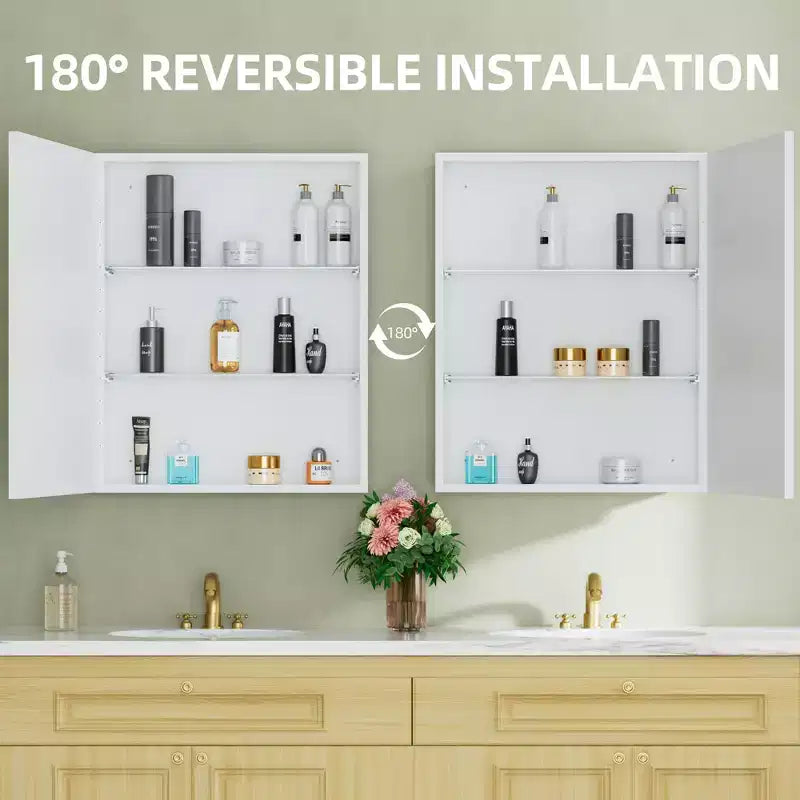 Armoire à pharmacie Elise avec miroir, armoire de salle de bain à montage en surface ou encastré, étagères réglables en verre trempé, réversible