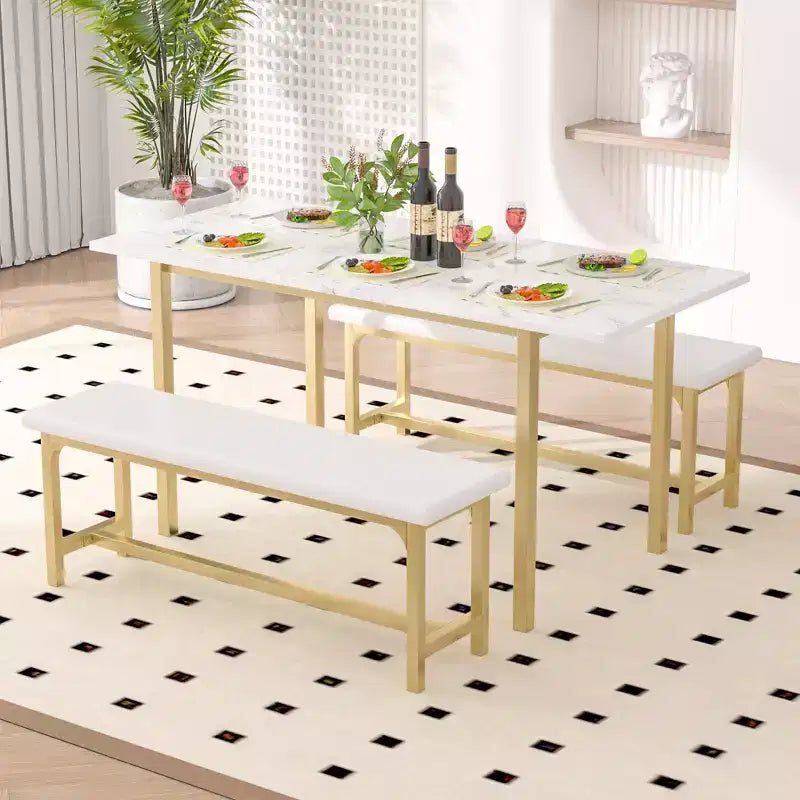 Ensemble table de cuisine extensible 3 pièces VECELO 63" avec bancs, salle à manger moderne pour 8/6/4 personnes, noir/marron/blanc