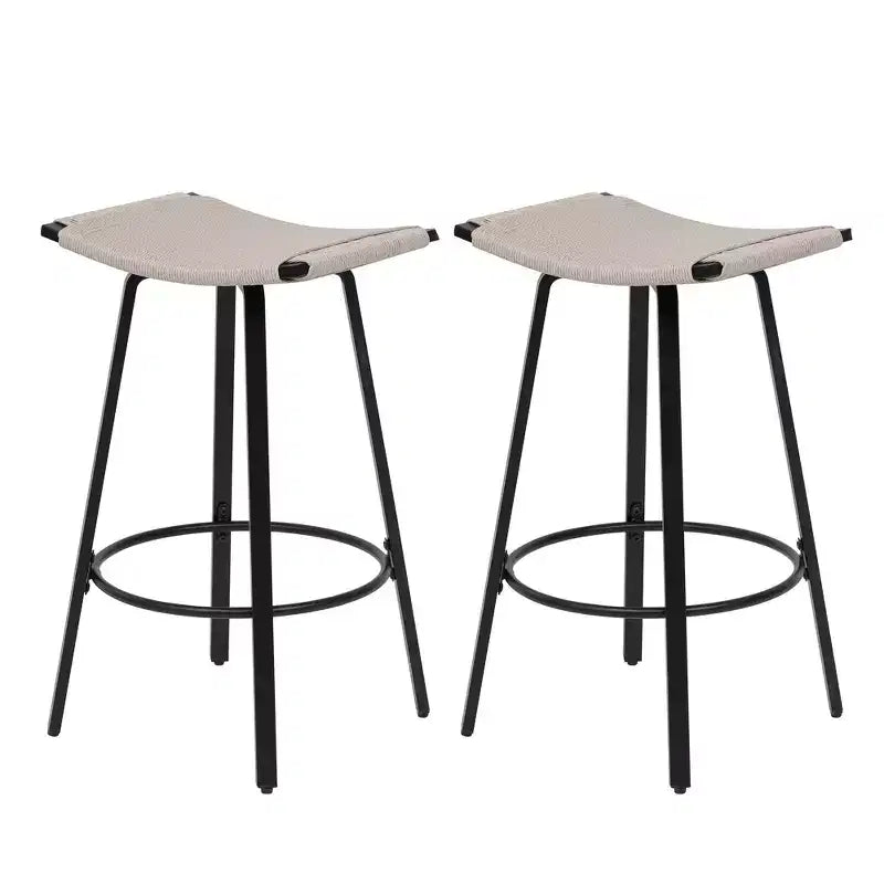 MAYEERTY Lot de 2 tabourets de bar sans dossier hauteur comptoir, PVC tressé, repose-pieds rond, utilisation intérieure/extérieure Noir Blanc Crème