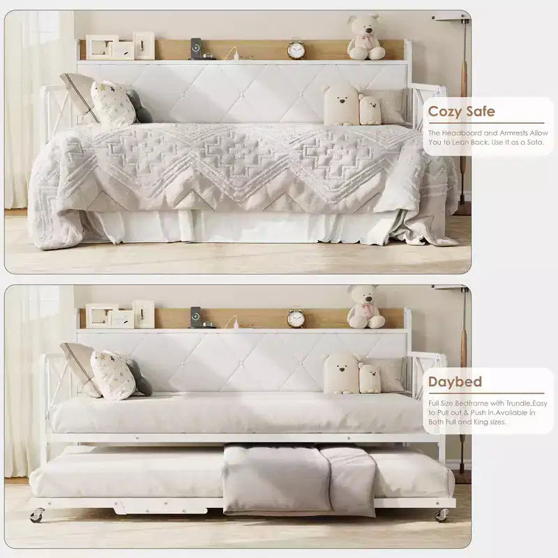 Lit de repos avec lit gigogne et lumière LED, cadre de lit double avec tête de lit rembourrée et station de charge, cadre de lit de repos en métal ou pour salon