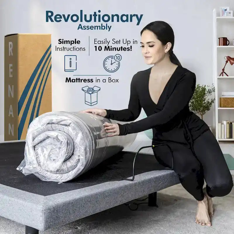 Base réglable Renanim SF avec matelas hybride 12, massage, USB, éclairage sous le lit, application, inclinaison tête et pieds