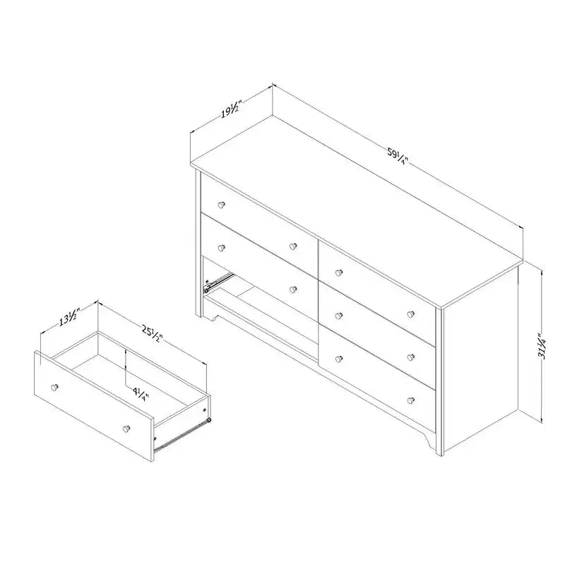 Commode double 6 tiroirs South Shore Ash : Ancrage anti-basculement, Fini laminé, Panneaux de particules, Largeur 59,25