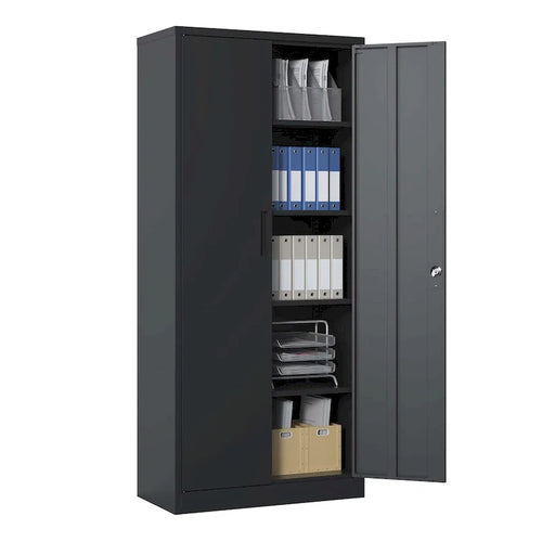 Armoire de rangement de garage en métal 72H, armoire de rangement noire en acier avec portes et 4 étagères