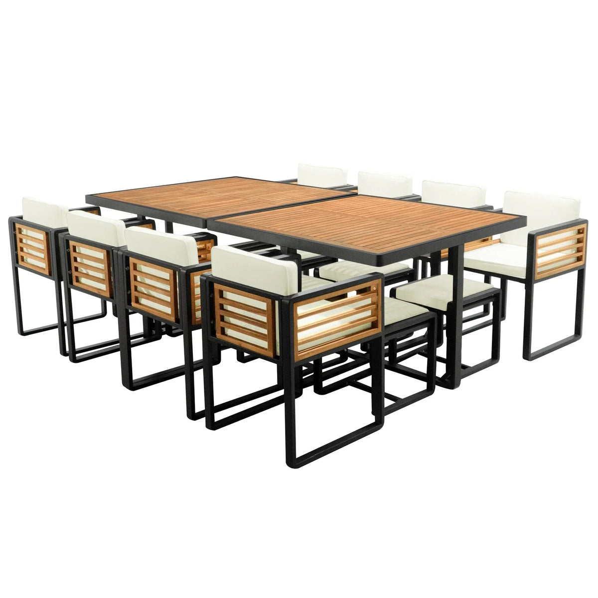 Ensemble de salle à manger d'extérieur 18 pièces en bois d'acacia, 8 chaises rembourrées, 8 poufs et 2 tables carrées