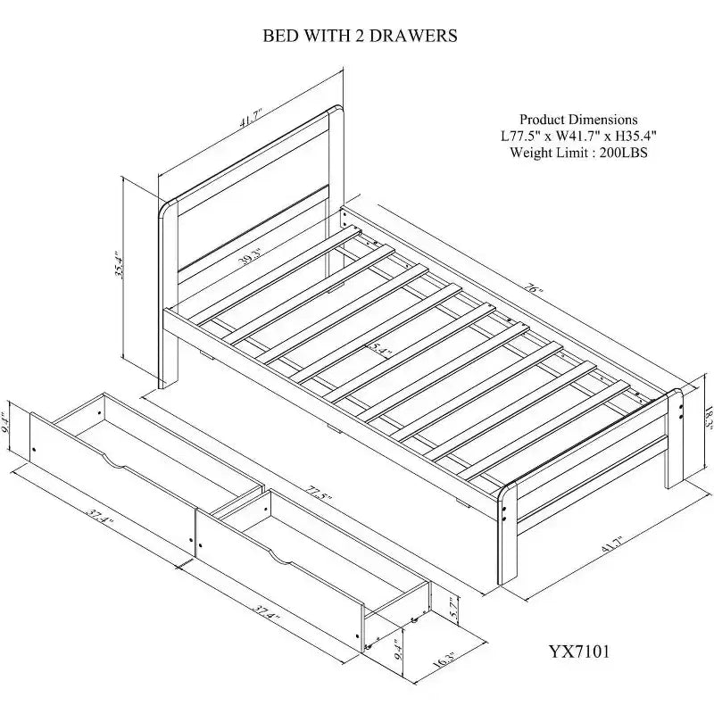 Lit plateforme double Acekool avec 2 tiroirs de rangement gigognes, tête de lit, cadre robuste, aucun sommier tapissier requis, gain de place pour chambre d'enfants ou d'amis