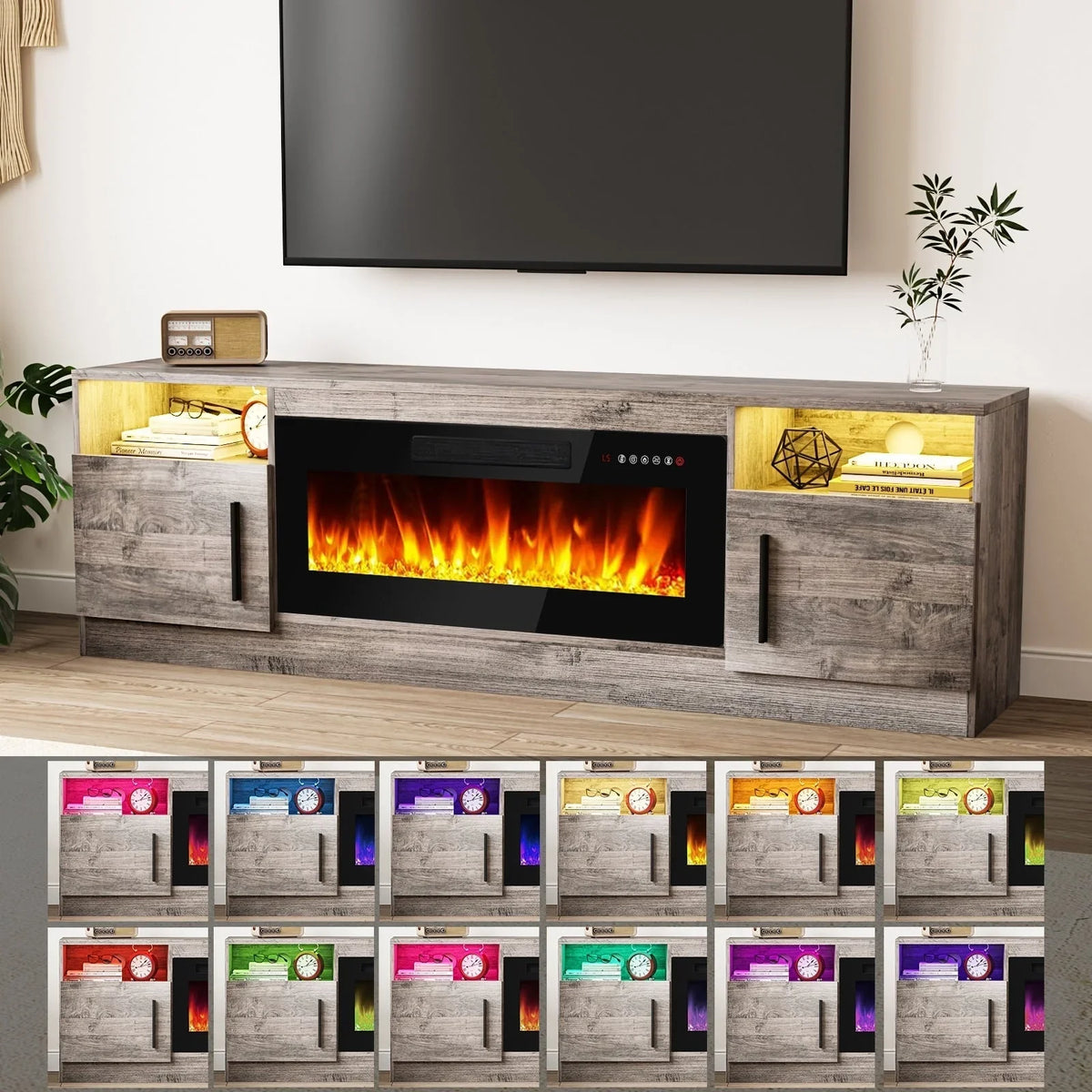 Meuble TV cheminée Bossin 70 avec cheminée électrique 36, meuble TV pour téléviseurs jusqu'à 80 pouces, lumières LED 16 couleurs/centre de divertissement