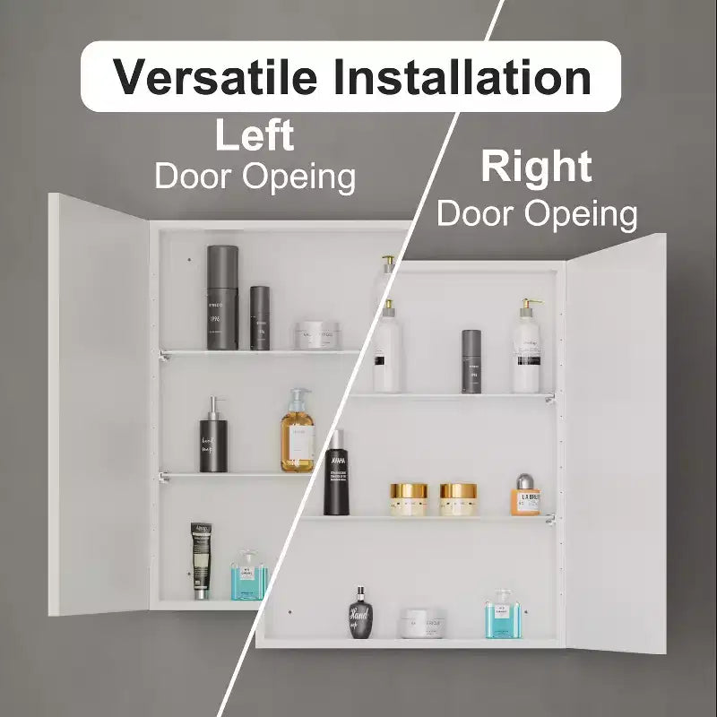 Armoire à pharmacie Elise avec miroir, armoire de salle de bain à montage en surface ou encastré, étagères réglables en verre trempé, réversible