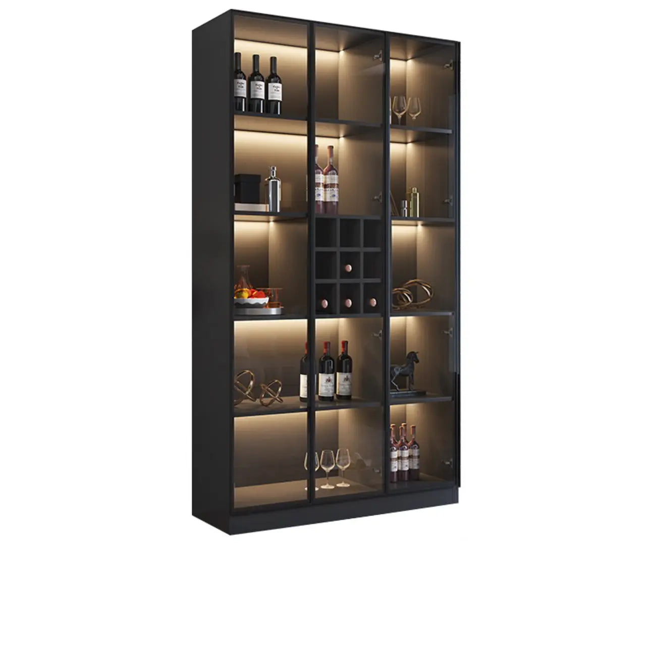 Meuble de rangement à vin minimaliste en bois noir avec porte vitrée