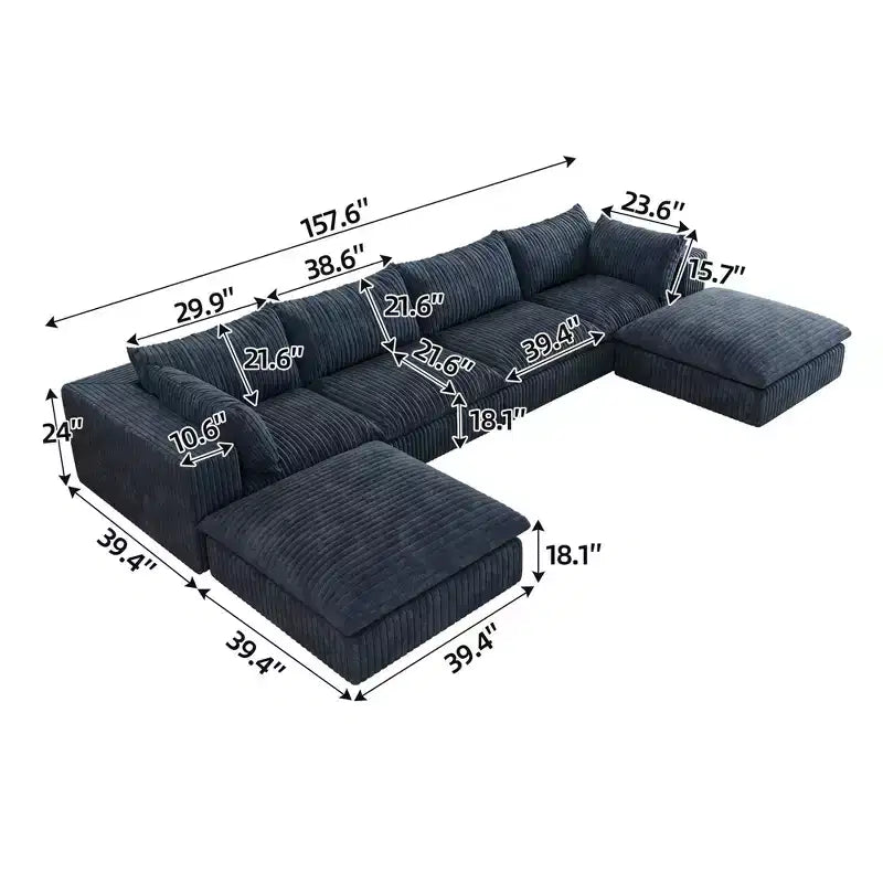 Canapé d'angle modulable en velours côtelé blanc de 4 m avec 2 poufs, grand canapé profond, design double couche, coussin amovible, aucun assemblage requis.
