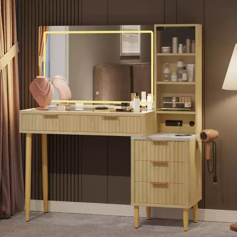 Coiffeuse LED en panneaux de particules avec motif ondulé, MDF durable, design moderne, éclairage LED intégré, grand espace de rangement