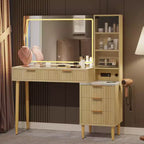 Coiffeuse LED en panneaux de particules avec motif ondulé, MDF durable, design moderne, éclairage LED intégré, grand espace de rangement