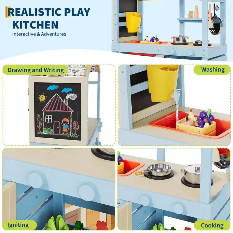 Cuisine en bois d'extérieur pour enfants, avec auvent, robinet, évier, tableau noir, crochets de suspension, cadeau pour garçons et filles de 3 ans et plus