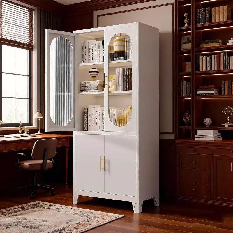 COZONY Armoire de cuisine moderne avec portes en verre cannelé, Armoire de rangement de cuisine de 180 cm, Buffet de rangement en métal pour salle à manger et organisateur de cuisine