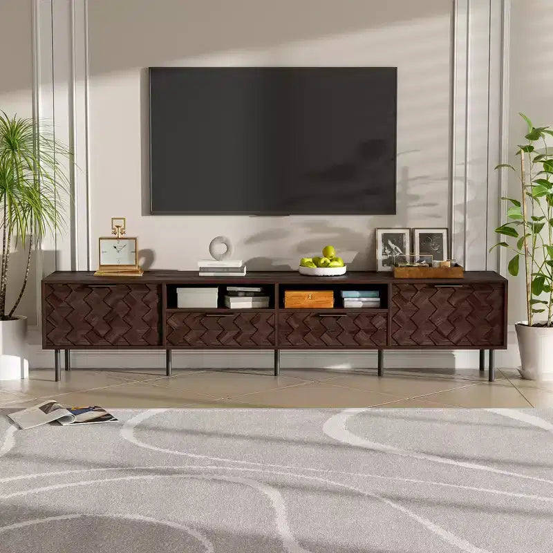 Meuble TV 78 po pour téléviseurs jusqu'à 85 po, Console TV marron Meuble TV Meuble de divertissement avec porte et tiroirs à fermeture douce en diamant - ModernLuxe