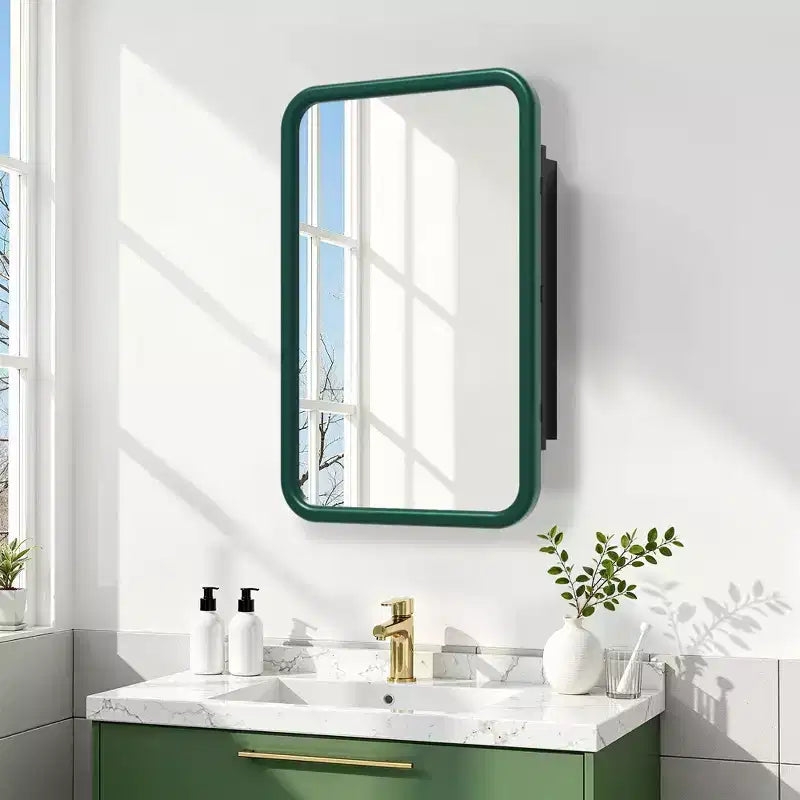 Armoire à pharmacie murale rectangulaire arrondie en fer forgé blanc de 19,5 x 29,64 pouces avec miroir pour salle de bain