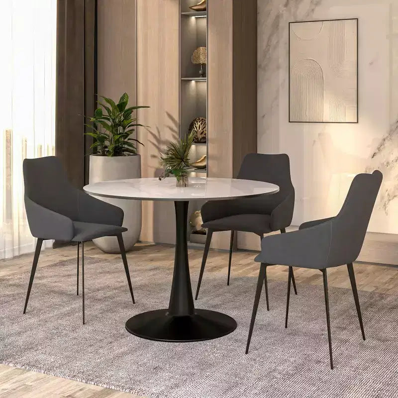 Table à manger ronde LeisureMod Bristol 40 – Plateau en pierre frittée, table d'appoint de café et piédestal en acier robuste noir pour la cuisine et les petits espaces