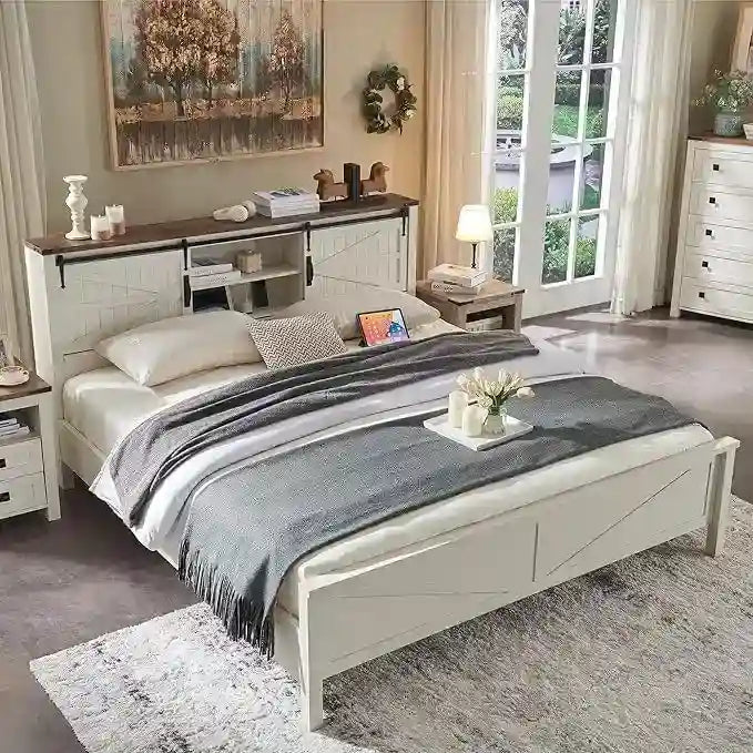 Lit queen size de style campagnard avec étagères de rangement et station de charge