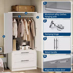 Armoire en bois 2 portes avec 2 tiroirs et étagère pour suspendre les vêtements, placard de rangement autonome pour chambre à coucher et salon