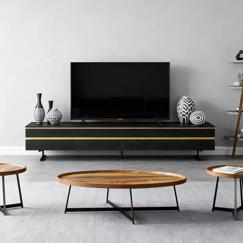 Meuble TV et console média noir Luck Live Farmhouse 86.61 avec tiroirs de rangement dissimulés, armoires fermées, pieds en métal et gestion des câbles