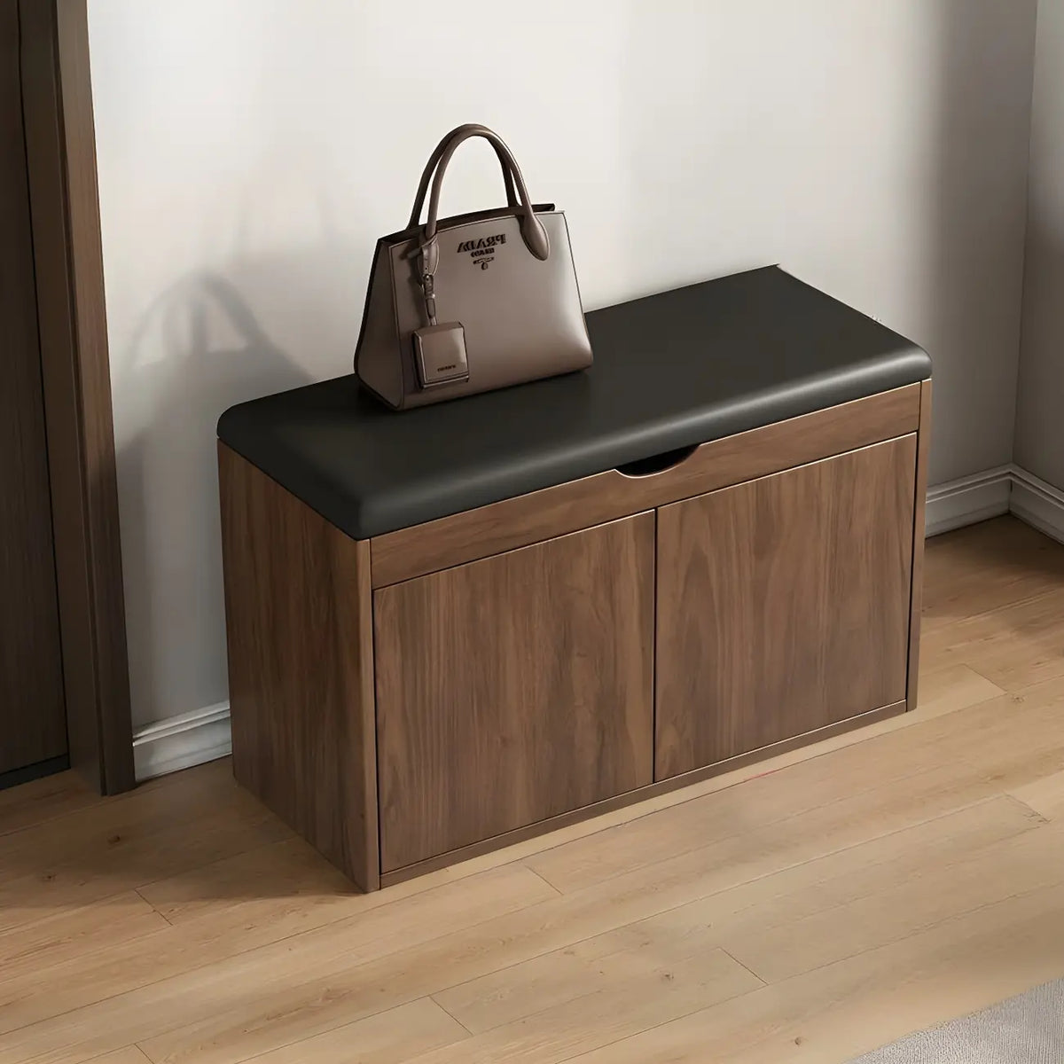 Banc de rangement à chaussures en bois massif avec coussin et étagère ouverte
