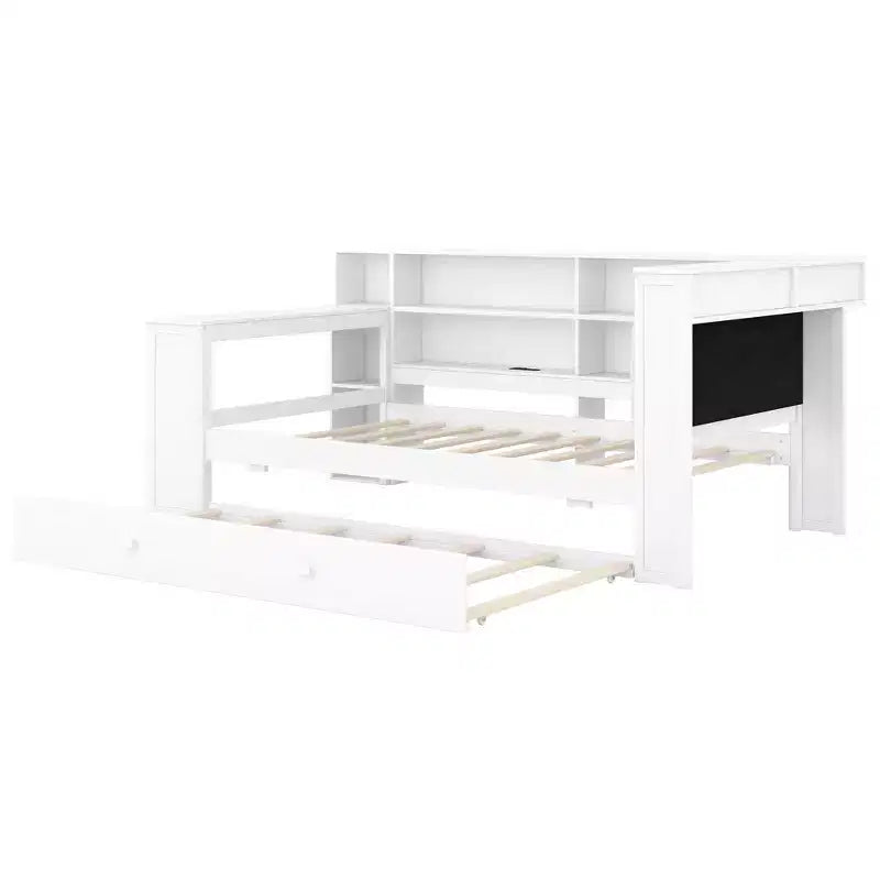 Lit plateforme double en bois Luxystar avec tête de lit capitonnée, 8 étagères de rangement, lit gigogne et bureau