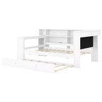 Lit plateforme double en bois Luxystar avec tête de lit capitonnée, 8 étagères de rangement, lit gigogne et bureau