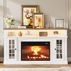 Meuble TV compatible 70 pouces, Console multimédia 58 pouces, Meuble TV moderne effet bois avec lumières LED, Rangement avec portes en verre et étagères réglables