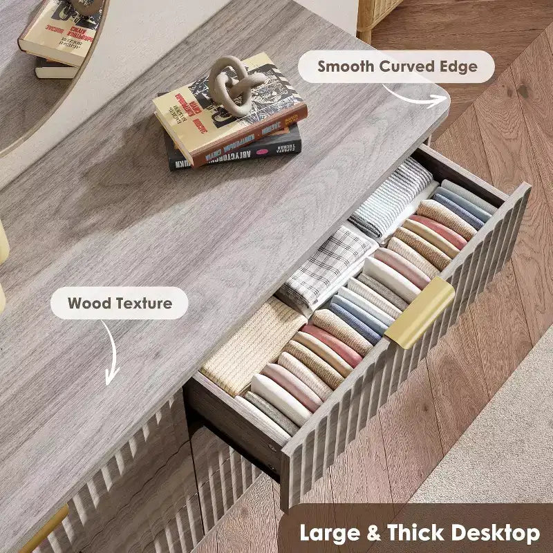 Commode 6 tiroirs pour chambre à coucher, commode de 120 cm de large avec profil incurvé, tiroirs en bois cannelé, commode moderne pour salon