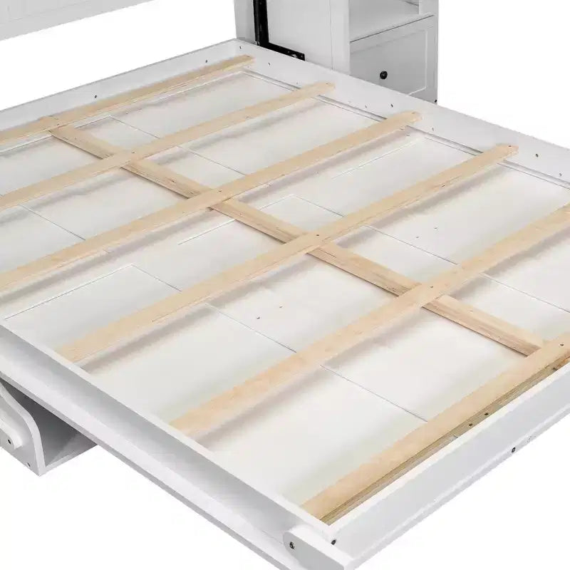 Lit escamotable Queen Size avec armoires latérales et éclairage LED, lit armoire pliant avec étagères de rangement et tiroirs pour chambre d'amis, blanc