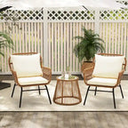 Ensemble de bistro 3 pièces pour terrasse, salon de jardin en rotin tressé avec table en verre et 2 fauteuils larges, coussins d'assise