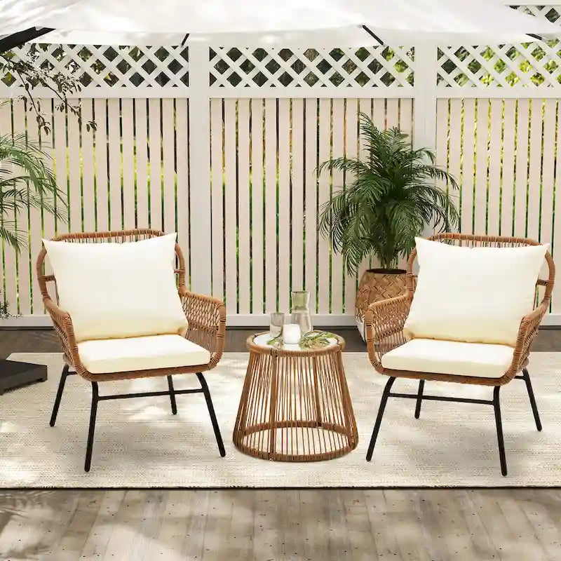 Ensemble de bistro 3 pièces pour terrasse, salon de jardin en rotin tressé avec table en verre et 2 fauteuils larges, coussins d'assise