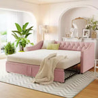 Lit de repos capitonné taille double avec lit gigogne relevable, Rose