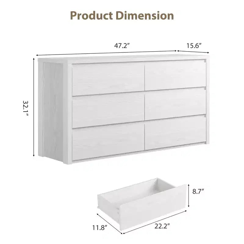 Commode large en bois à 6 tiroirs - Meuble de rangement moderne sans poignée pour chambre, salon, couloir et entrée, grande commode.