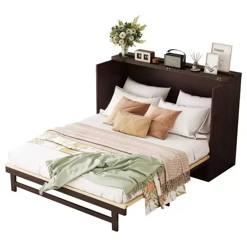 Lit escamotable Whisen Queen Size en pin avec décoration en rotin et tiroir de rangement