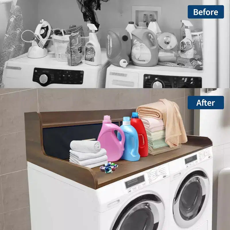 Plan de travail 2 niveaux pour lave-linge/sèche-linge avec 2 tiroirs, plan de travail de buanderie en bois avec rebords de 7 cm, couverture étanche pour lave-linge/sèche-linge avec patins antidérapants