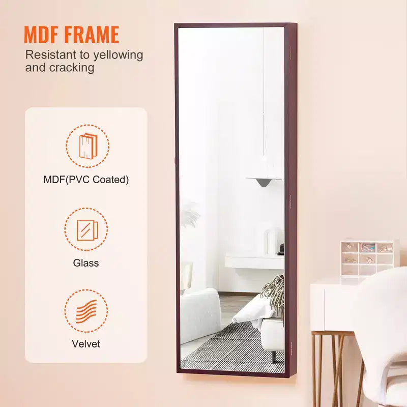 VEVOR Armoire à Bijoux avec Miroir, Armoire à Bijoux Verrouillable de 108 cm de Haut avec Miroir sur Pied, Miroir à Bijoux Mural ou à Suspendre à la Porte, Marron