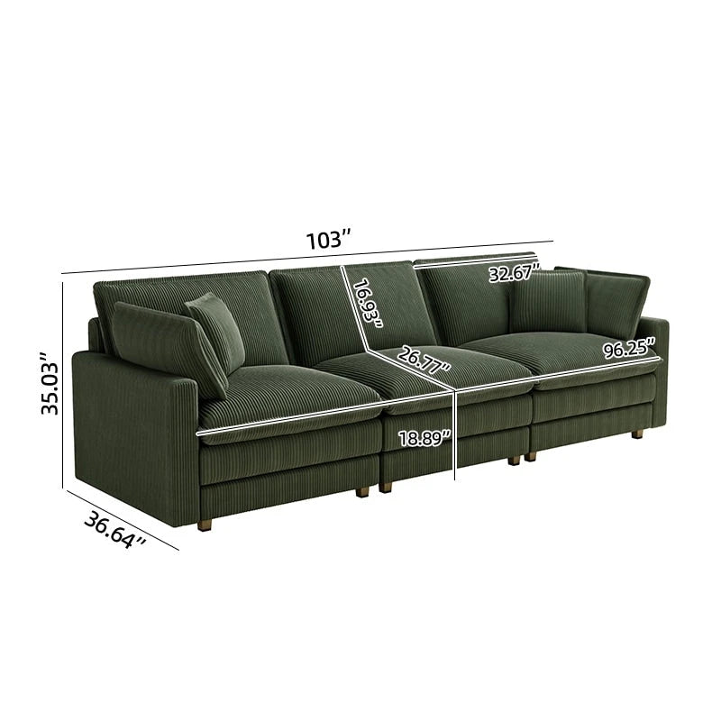 Canapé 4 places classique moderne en velours côtelé 103 avec assise profonde et 4 coussins