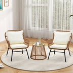 Ensemble de bistro 3 pièces pour terrasse, salon de jardin en rotin tressé avec table en verre et 2 fauteuils larges, coussins d'assise
