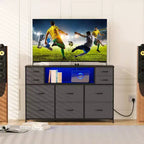 Commode de rangement à 10 tiroirs avec support TV, bande lumineuse LED et prises électriques, commode en tissu avec plateau en bois, meuble TV pour téléviseur de 55 pouces, commode de rangement