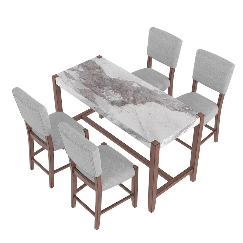 Ensemble de salle à manger 5 pièces à hauteur de comptoir, table de bar en faux marbre et 4 chaises rembourrées