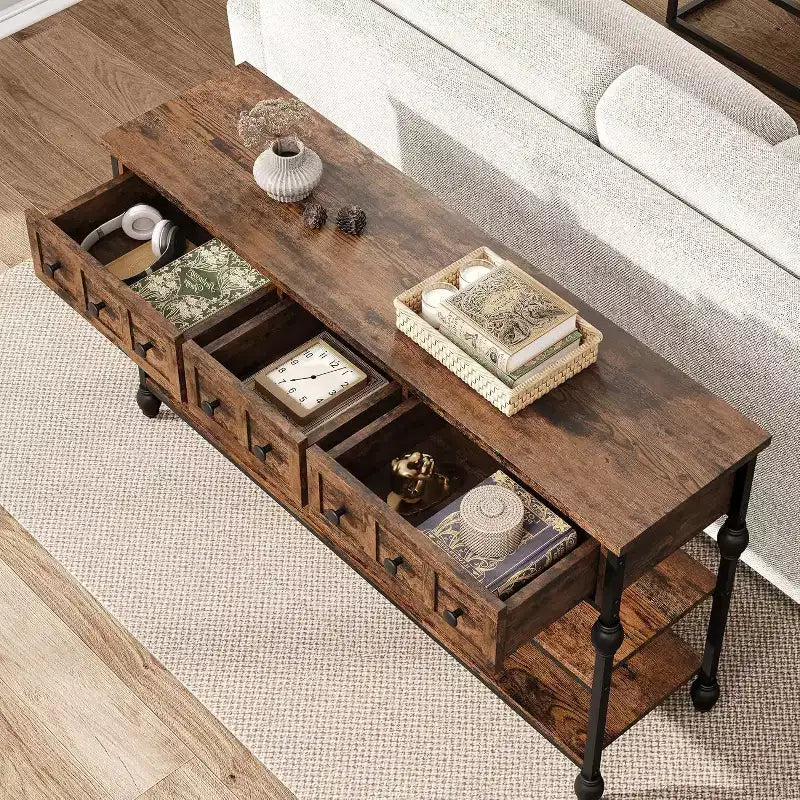 Console, table d'entrée avec 3 tiroirs, table de canapé en métal à 3 niveaux, étagère ouverte derrière la table de canapé de couloir
