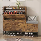 Meuble à chaussures avec banc, Meuble de rangement à chaussures étroit et mince de style rustique avec 2 tiroirs basculants pour entrée, salon, couloir