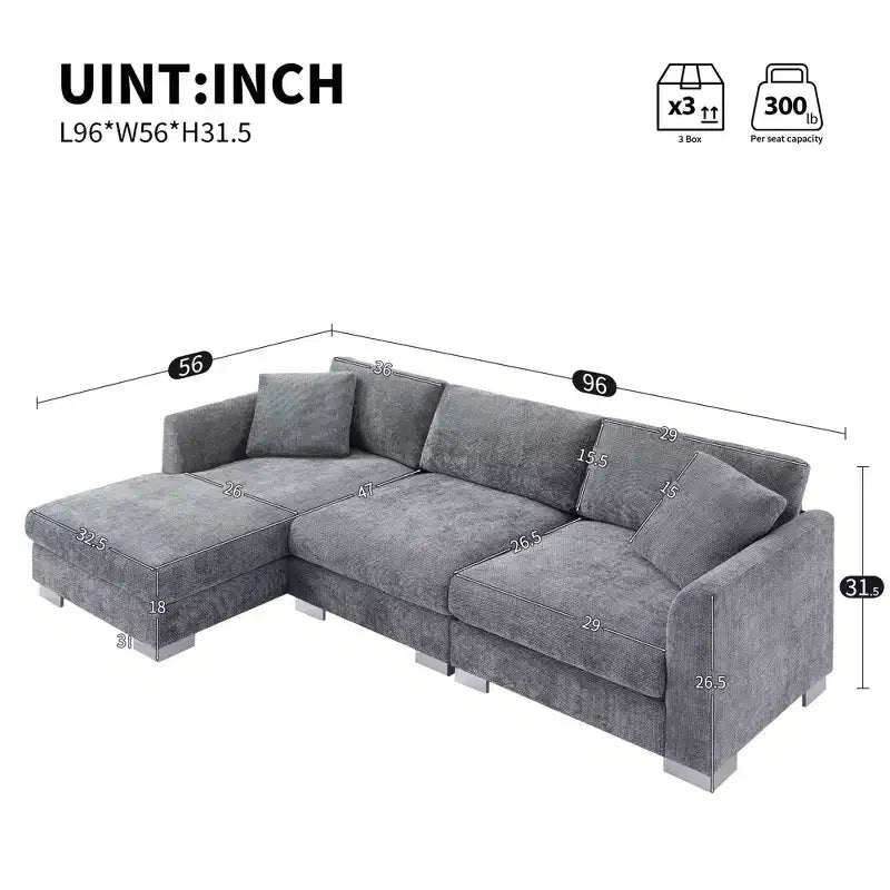 Canapé moderne en forme de L « Nuage » : canapé de luxe 4 places en chenille avec méridienne surdimensionnée, 2 oreillers offerts - Idéal pour salon, appartement, bureau