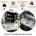 Meuble mural de salle de bain, armoire murale en bois à 3 portes avec espace de rangement ouvert et caché, armoire à pharmacie avec porte vitrée et porte-serviettes