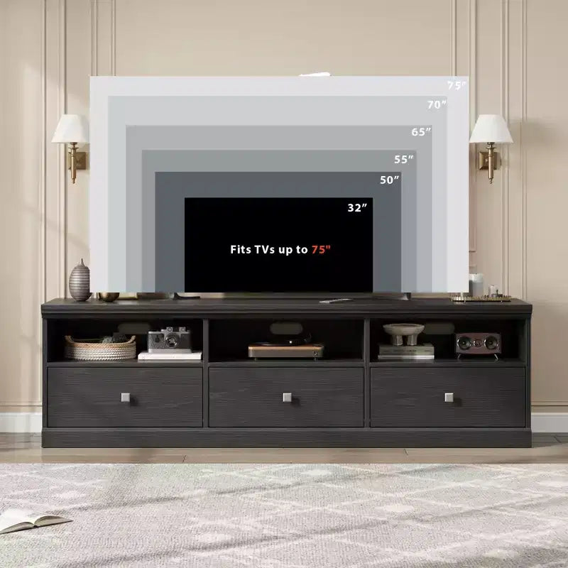 Meuble TV 70 pouces pour téléviseurs jusqu'à 80 pouces, meuble de divertissement moderne du milieu du siècle avec tiroir, meuble TV console média pour salon, chambre à coucher
