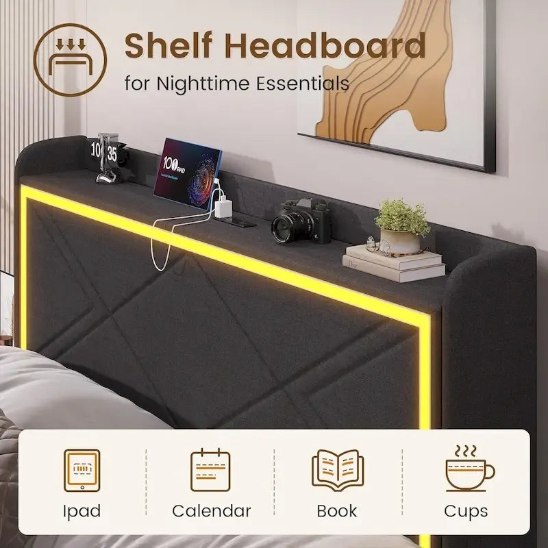 Cadre de lit avec lumières LED, tête de lit et station de charge USB-C/A, 4 tiroirs